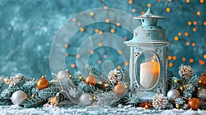 Festive Christmas Lantern on Snowy Table with Fir Branches and Ornaments for Holiday Decoration