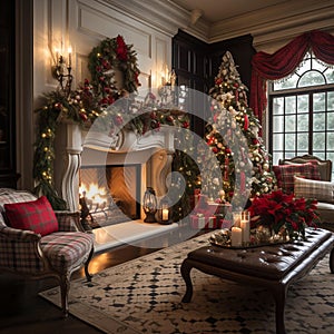 Festive Christmas Living Room with Twinkling Fireplace and Cozy Ambiance