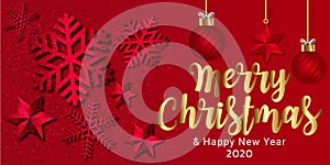 Festive Christmas Luxury Design with Golden Christmas Decorations and Seamless Pattern on Red Background. Vector Illustration