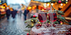 Festive Christmas Market Display Mulled Wine Glasses Adorn A Table