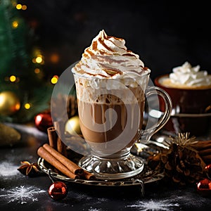A festive Christmas mocha drink in a glass cup