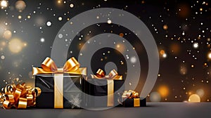 Festive Christmas and new year celebration image with gift boxes and ribbons against a dark out of focus background Generative AI