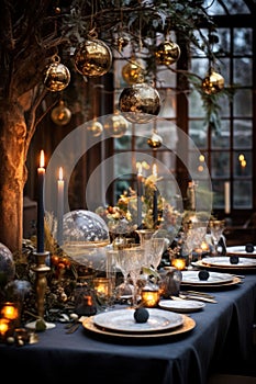 Festive Christmas and New Year evening table setting with interior decorations background photo