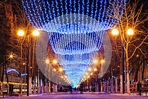 Festive Christmas New Year illuminations in city streets In Belarus.
