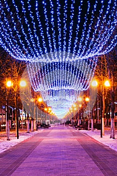 Festive Christmas New Year illuminations in city streets In Belarus.