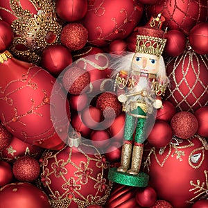 Festive Christmas Nutcracker Toy Soldier and Sparkling Baubles