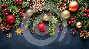 Festive christmas ornaments on blue background with space, holiday and new year decorations