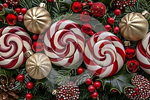 Festive christmas ornaments and candy decorations hanging from a beautiful fir tree