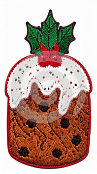 Festive Christmas Pudding with Icing and Holly Decoration Isolated on White