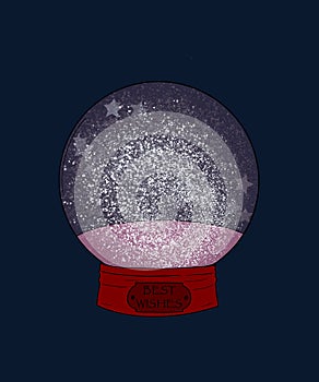 festive Christmas purple Snow Globe with a red base with snowflakes inside on a blue background. the concept of holidays, magic