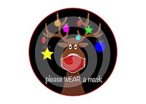 Festive Christmas reindeer wearing face mask for Corona virus protection. Label cartoon reindeer with surgical mask, flat style