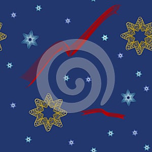 Festive Christmas Ribbons, Stars, and Snow Seamless Pattern on Blue