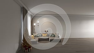 Festive christmas room interior  celebration living minimalist  design, 3d render decoration