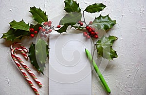 Festive Christmas scene with green holly, two candy canes,