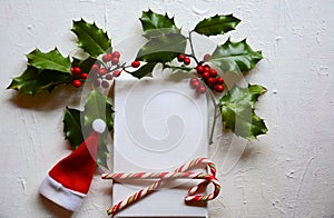 Festive Christmas scene with green holly, two candy canes, Santa hat