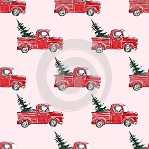 Festive Christmas seamless pattern with watercolor red and blue pick up truck and fir trees on white background