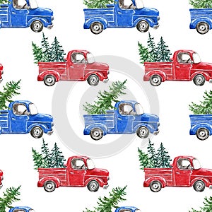 Watercolor winter seamless pattern with red and blue Christmas truck and fir pine tree on white background