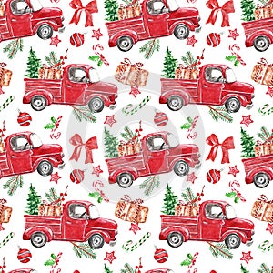 Festive Christmas seamless pattern with watercolor red vintage truck and fir tree on white background. Watercolor vintage car,