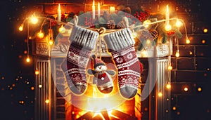 Festive Christmas Stockings Hanging on Mantelpiece with Warm Fireplace Glow, AI Generated