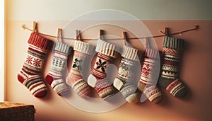 Festive Christmas Stockings Hanging on Wall for Holiday Decor, AI Generated