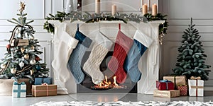 Festive Christmas Stockings Hanging on a White Fireplace in a Cozy Room. Concept Christmas Decor, Festive Interior, Cozy Home,