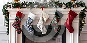 Festive Christmas stockings hanging on a white fireplace in a cozy room. Concept Holiday Decor, Christmas Stockings, Cozy