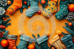 Festive Christmas Stockings and Ornaments on Vibrant Orange Background with Pine Cones and Winter Holiday Decorations