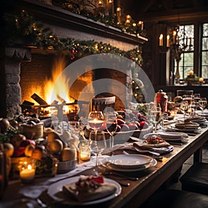 Festive Christmas Table by the Cozy Fireplace