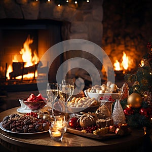 Festive Christmas Table by the Cozy Fireplace