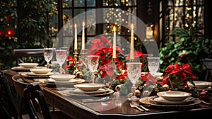 Festive Christmas table setting with crystal glasses, red poinsettias and lit candles for cozy holiday dinner. Sparkling stemware