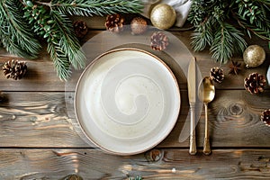Festive Christmas Table Setting with Empty White Plate and Holiday Decorations