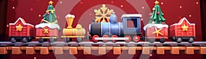Festive Christmas Train with Gifts and Decorations on Snowy Background Holiday Illustration for Greeting Cards and Invitations
