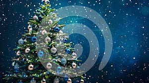 Festive Christmas Tree Adorned with Blue and Silver Ornaments on a Snowy Background