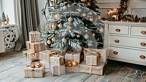 Festive christmas tree adorned with golden baubles and presents on a stylish beige holiday backdrop