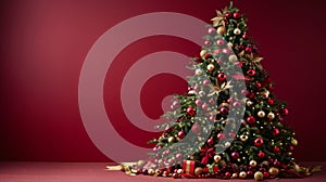 Festive Christmas Tree Adorned with Red and Gold Ornaments on Maroon Background