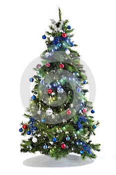 Festive Christmas tree decorated ,Beautiful new year background, isolated on white