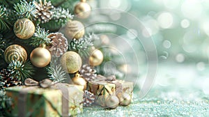 Festive christmas tree with gold ornaments and gifts, cheerful holiday scene in green tones
