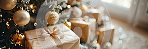 Festive christmas tree with gold ornaments and gifts on floor, white holiday background