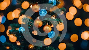 Festive Christmas Tree with Golden and Blue Ornaments and Bokeh Lights