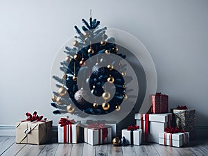 Festive Christmas tree in living room during wintertime holiday season