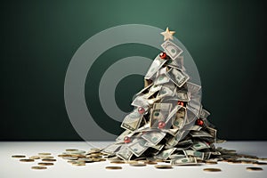 A festive christmas tree made from a pile of banknotes. Christmas cost and budget concept