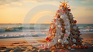 A festive Christmas tree made of seashells and starfish on a sandy beach, with ocean waves and sunset in the background