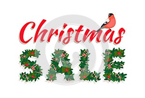 Festive Christmas tree New Year garland , Sale lettering, candy, bird, white background. Shopping promotion banner or poster. Fla photo