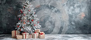 Festive christmas tree with presents against dark gray wall, blurred lights, space for text