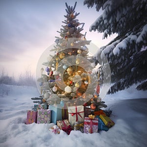 Festive Christmas Tree in Snowy Landscape