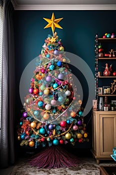 festive christmas tree with a star topper and colorful baubles