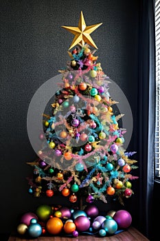 festive christmas tree with a star topper and colorful baubles