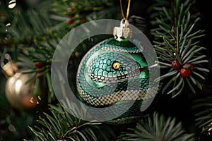 Festive Christmas tree toy ball with drawing green snake close up on a background of fir branch