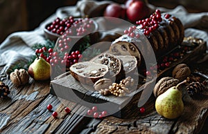 festive christmas tresor rola with nuts, berries and pears on a wooden board