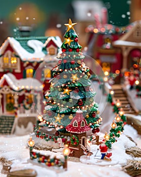 Festive Christmas Village Display with Decorated Tree, Model Houses, and Snow